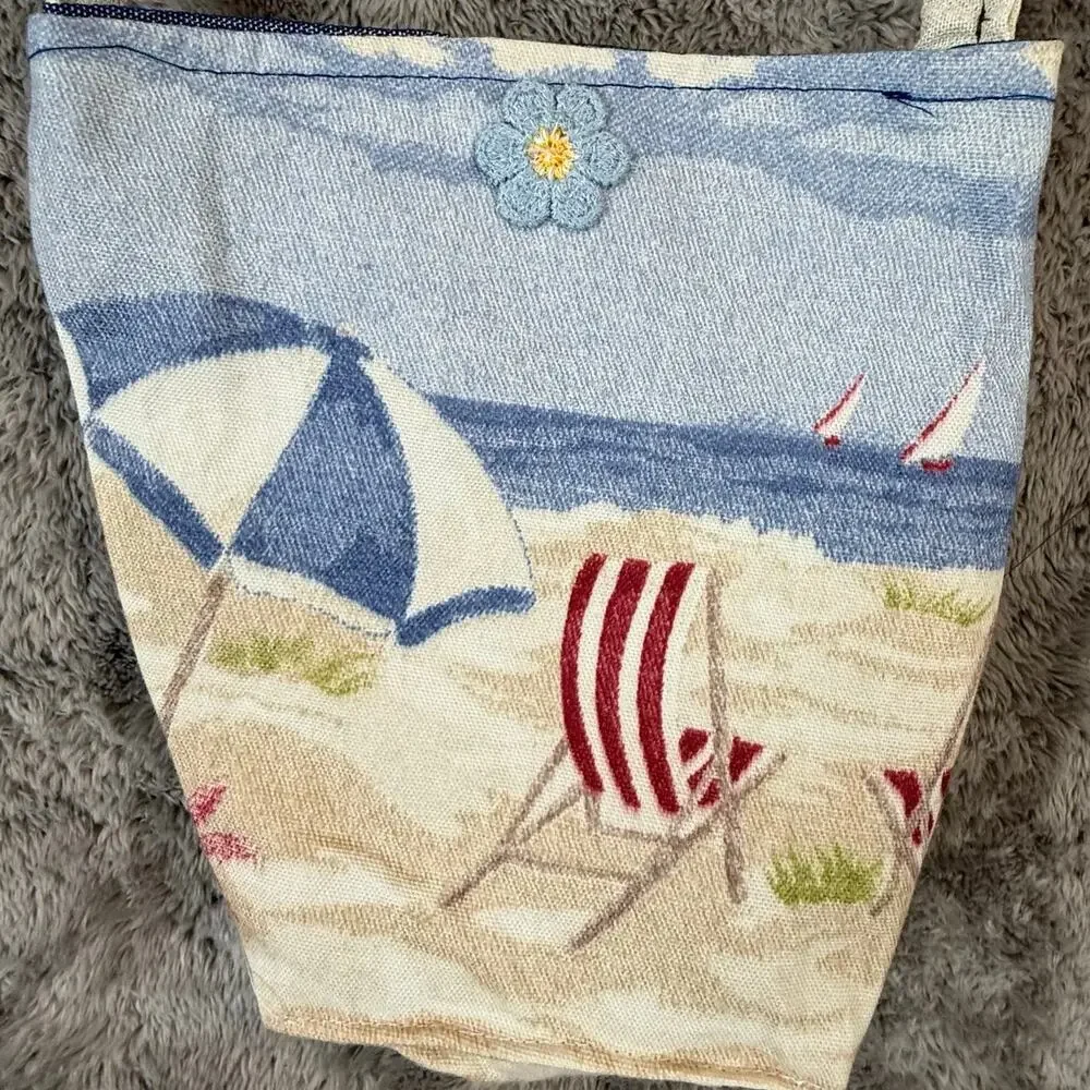 Handmade Beach Print Canvas Purse Shoulder Bag Crossbody Tote Umbrella Sailboats